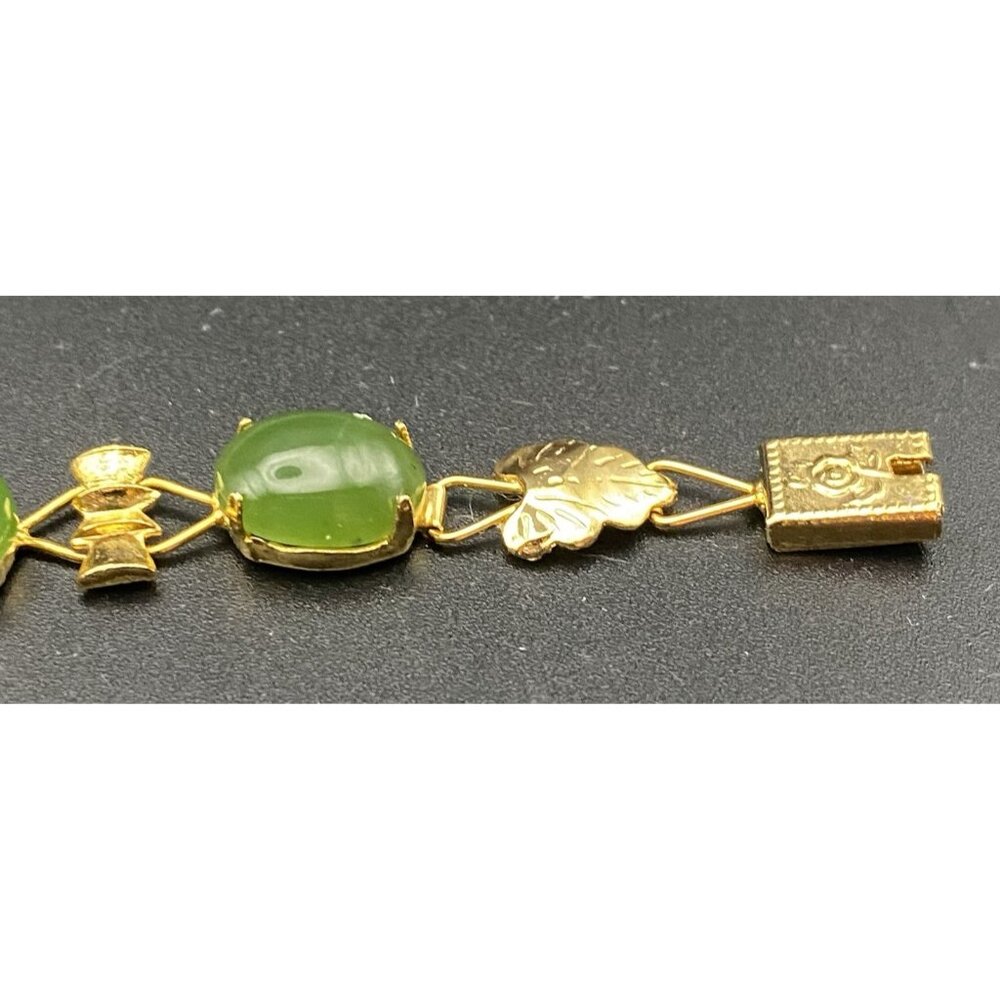 Vtg Green Jadeite Bracelet Gold Plated Bamboo Accent Floral Box Clasp 7" UV Test - Picture 11 of 16